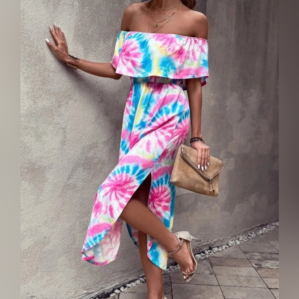 Colorful Tie-Dye Off-Shoulder Dress Size S